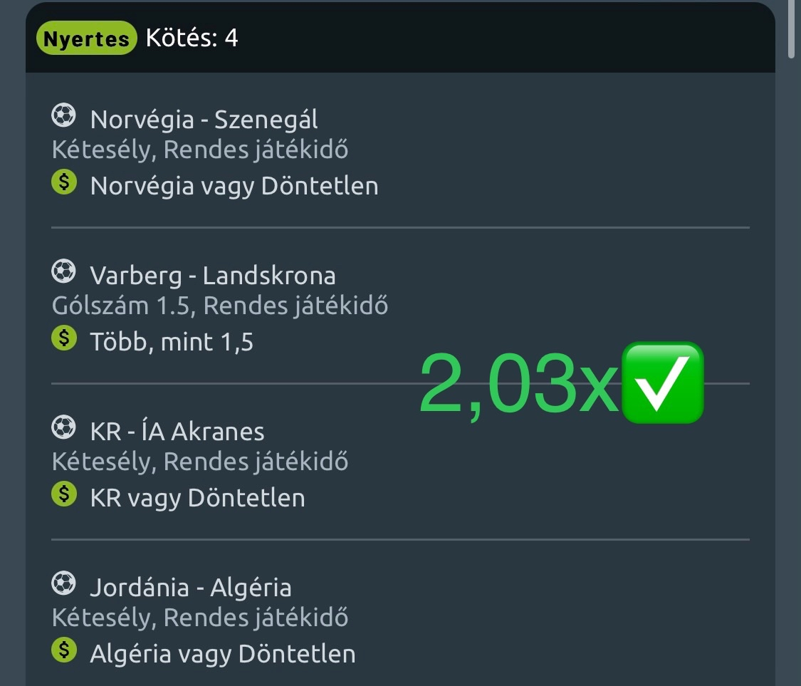Nyertes 4-es kötés: Norvégia vagy Döntetlen, Varberg-Landskrona Over 1.5, KR vagy Döntetlen, Algéria vagy Döntetlen - 2,03x odds