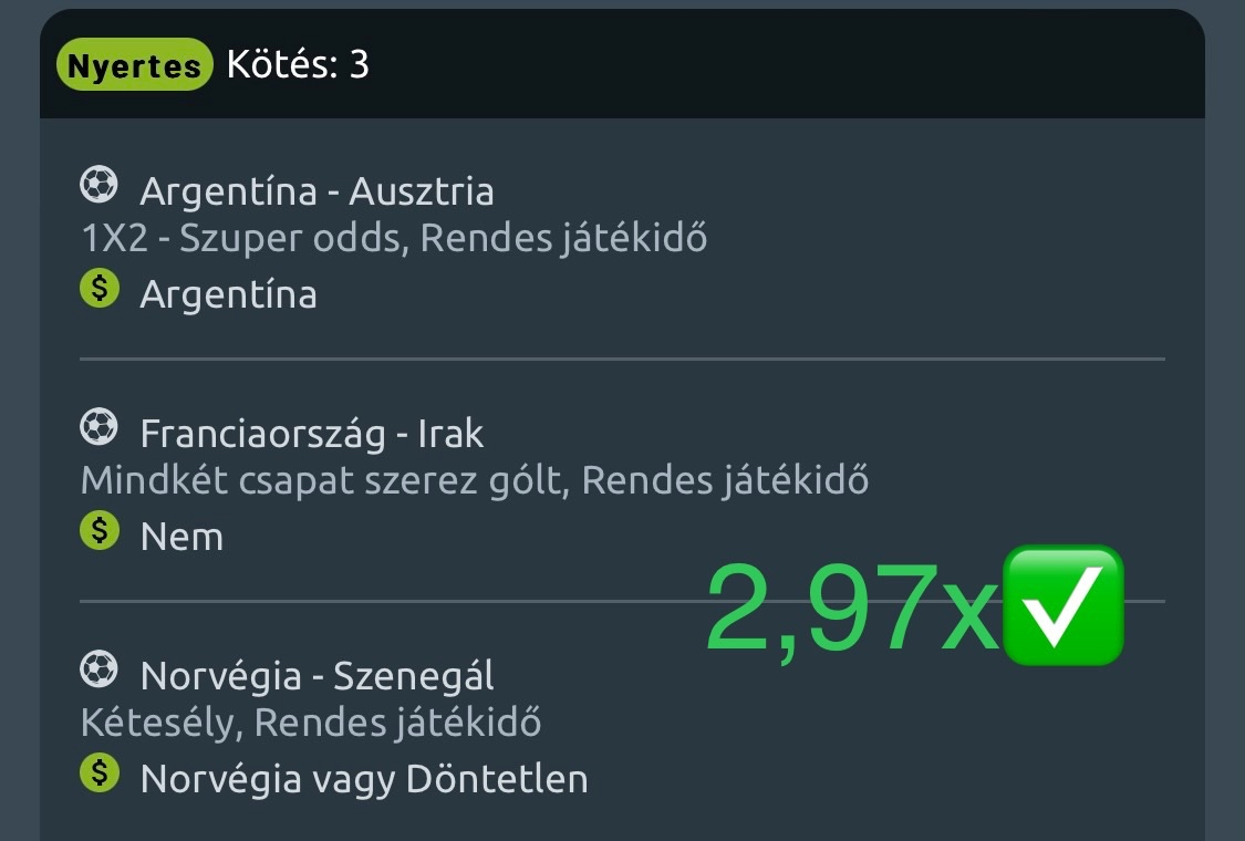 Nyertes 3-as kötés: Argentína, Franciaország-Irak BTTS Nem, Norvégia vagy Döntetlen - 2,97x odds