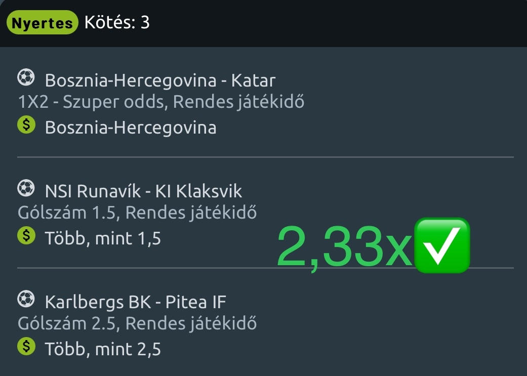 Nyertes 3-as kötés: Bosznia-Hercegovina, NSI Runavík-KI Klaksvik Over 1.5, Karlbergs-Pitea Over 2.5 - 2,33x odds
