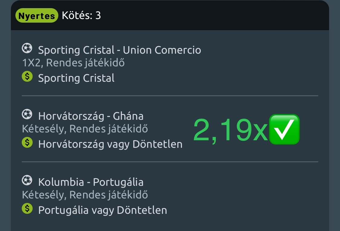 Nyertes 3-as kötés: Sporting Cristal, Horvátország vagy Döntetlen, Portugália vagy Döntetlen - 2,19x odds