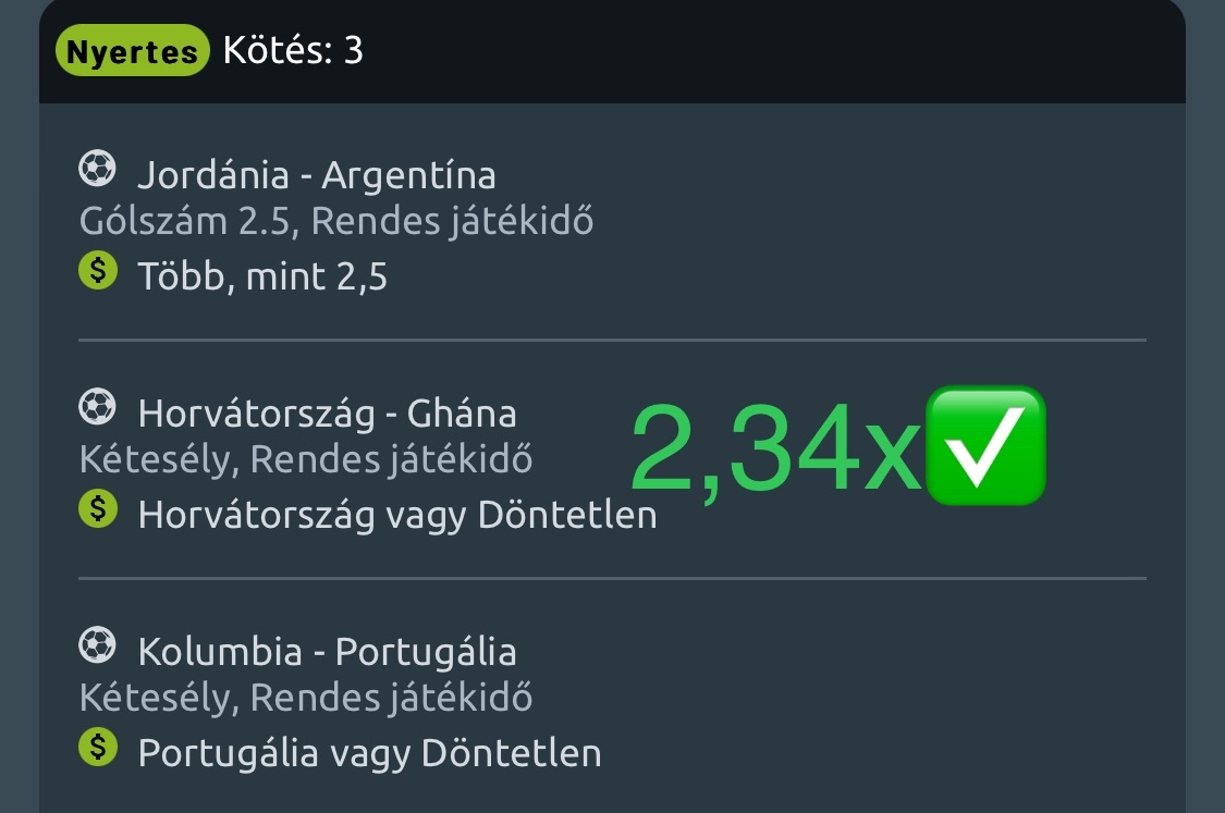 Nyertes 3-as kötés: Jordánia-Argentína Over 2.5, Horvátország vagy Döntetlen, Portugália vagy Döntetlen - 2,34x odds