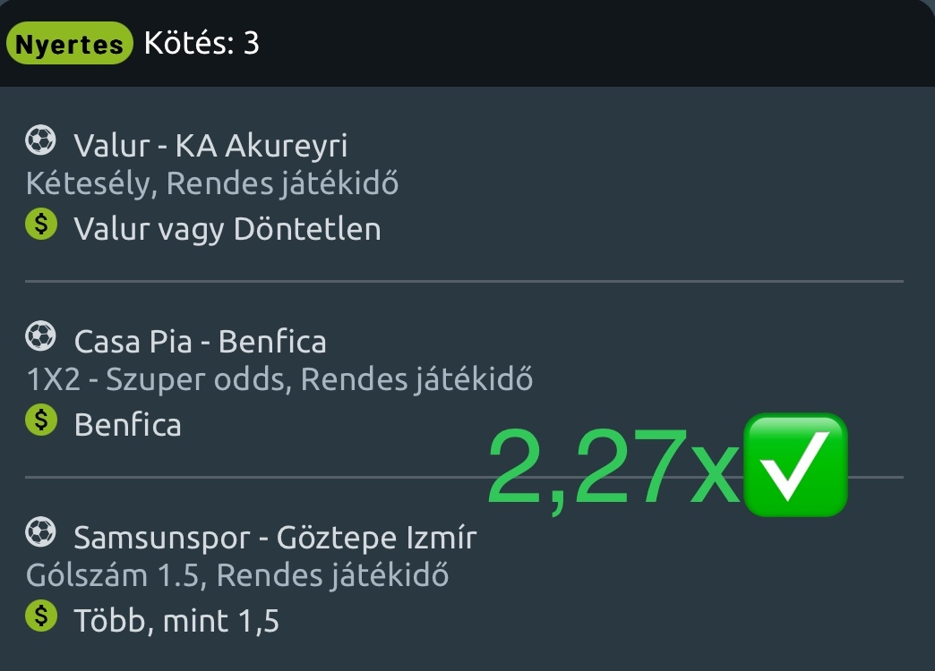Nyertes 3-as kötés 2,27x: Valur-KA Akureyri Valur vagy Döntetlen, Casa Pia-Benfica Szuper odds Benfica, Samsunspor-Göztepe Izmír Over 1.5