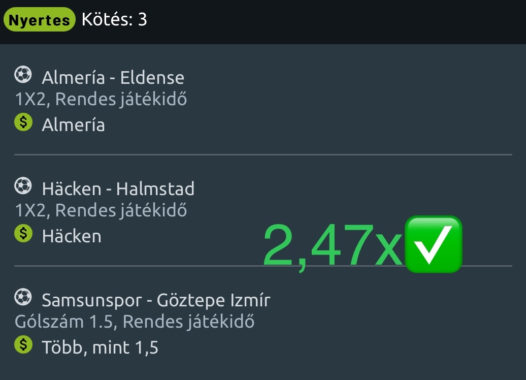 Nyertes 3-as kötés 2,47x: Almería-Eldense, Häcken-Halmstad, Samsunspor-Göztepe Izmír Over 1.5