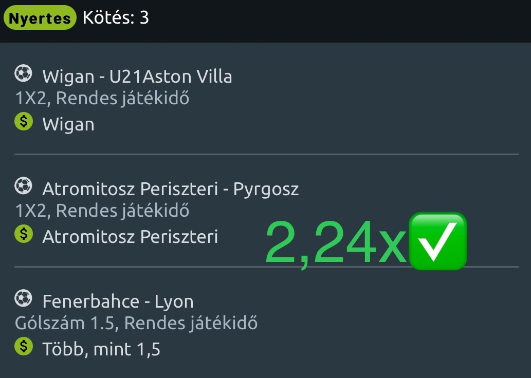 Nyertes 3-as kötés 2,24x: Wigan-U21Aston Villa Wigan, Atromitosz Perisiteri-Pyrgosz Atromitosz Perisiteri, Fenerbahce-Lyon Over 1.5