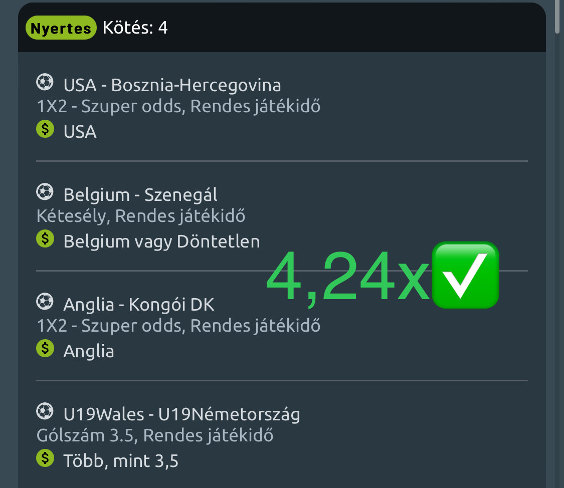 Nyertes 4-es kötés: USA, Belgium vagy Döntetlen, Anglia, U19Wales-U19Németország Over 3.5 - 4,24x odds