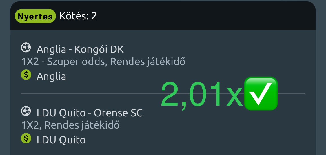 Nyertes 2-es kötés: Anglia, LDU Quito - 2,01x odds