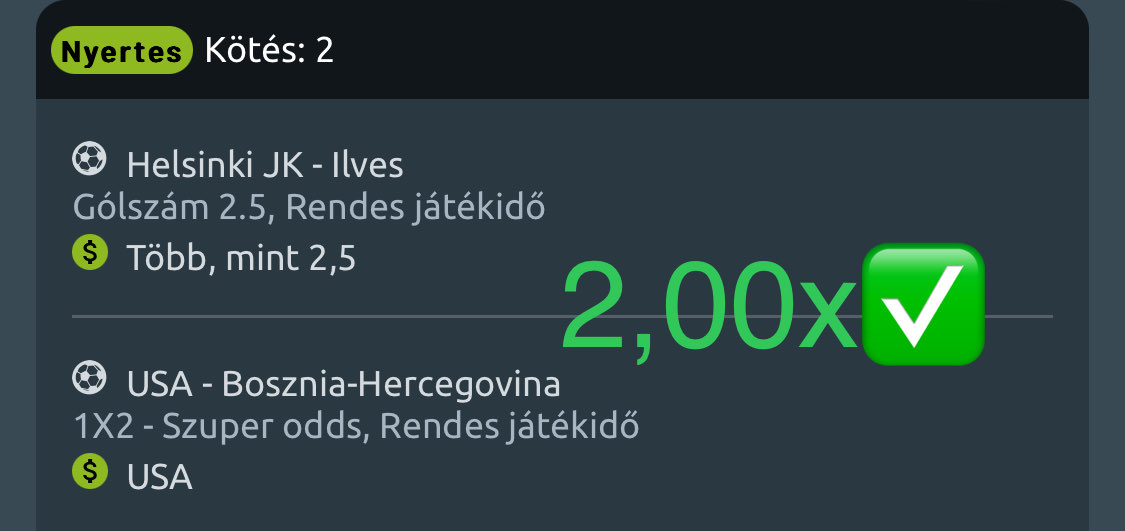 Nyertes 2-es kötés: Helsinki JK-Ilves Over 2.5, USA - 2,00x odds