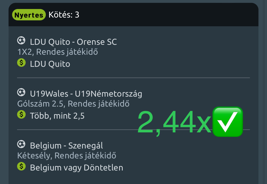 Nyertes 3-as kötés: LDU Quito, U19Wales-U19Németország Over 2.5, Belgium vagy Döntetlen - 2,44x odds
