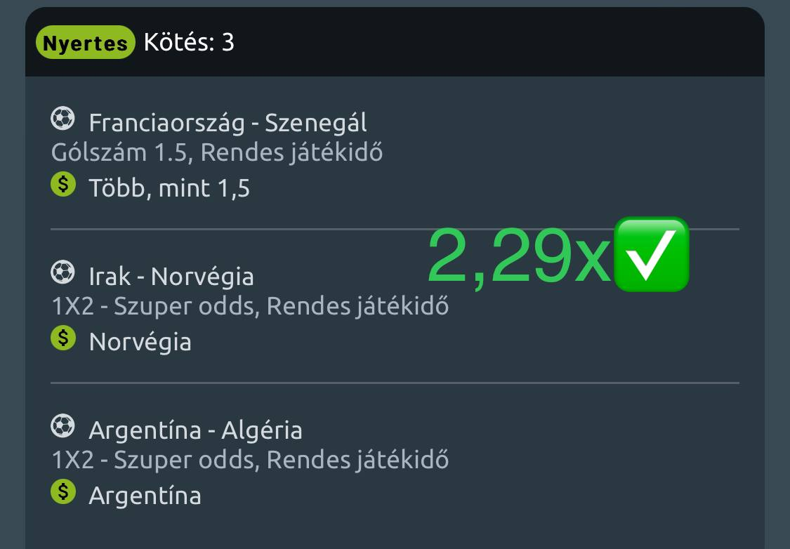 Nyertes 3-as kötés: Franciaország-Szenegál Over 1.5, Norvégia, Argentína - 2,29×