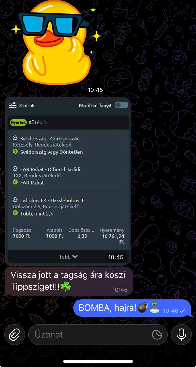 Tag visszajelzés a Telegramon: „Vissza jött a tagság ára köszi Tippsziget!”