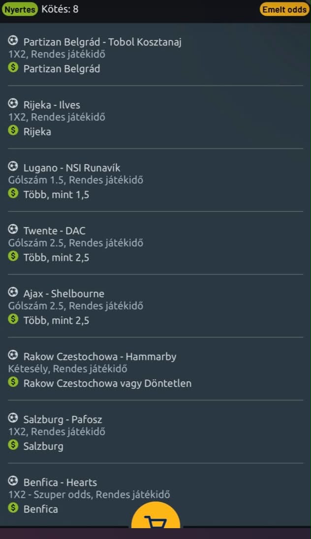 8/8 nyertes kötés Emelt odds jelzővel: Partizan Belgrád, Rijeka, Lugano-NSI Runavík Over 1.5, Twente-DAC Over 2.5, Ajax-Shelbourne Over 2.5, Rakow Czestochowa vagy Döntetlen, Salzburg, Benfica-Hearts Szuper odds Benfica